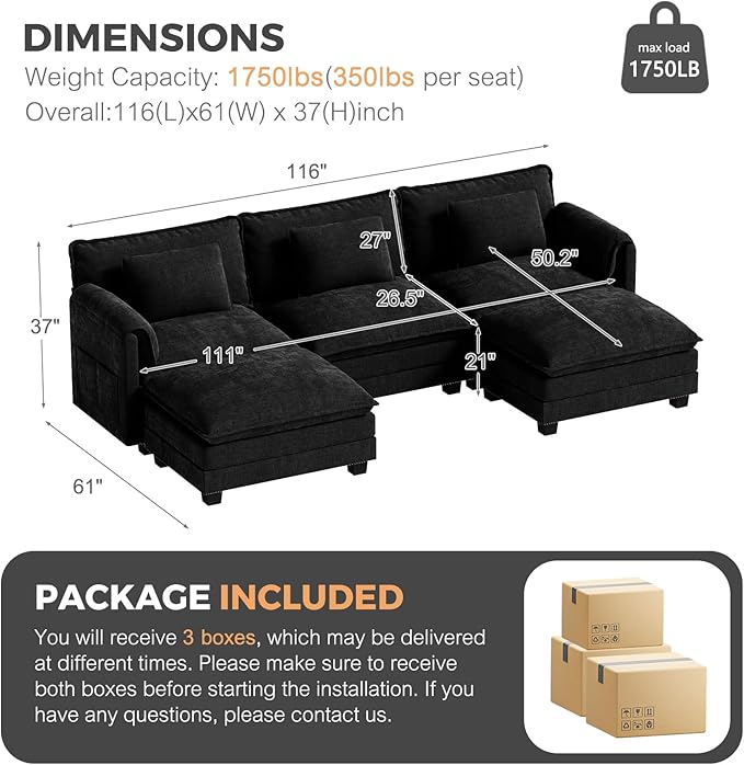 ELUCHANG Oversized 116" Modular Sectional Sofa, Comfy Cloud Couch, U Shaped Deep Seat Sofa Couches for Living Room, 5-Seater Modern Sofa with Movable Ottoman, DIY Combination - Chenille Black