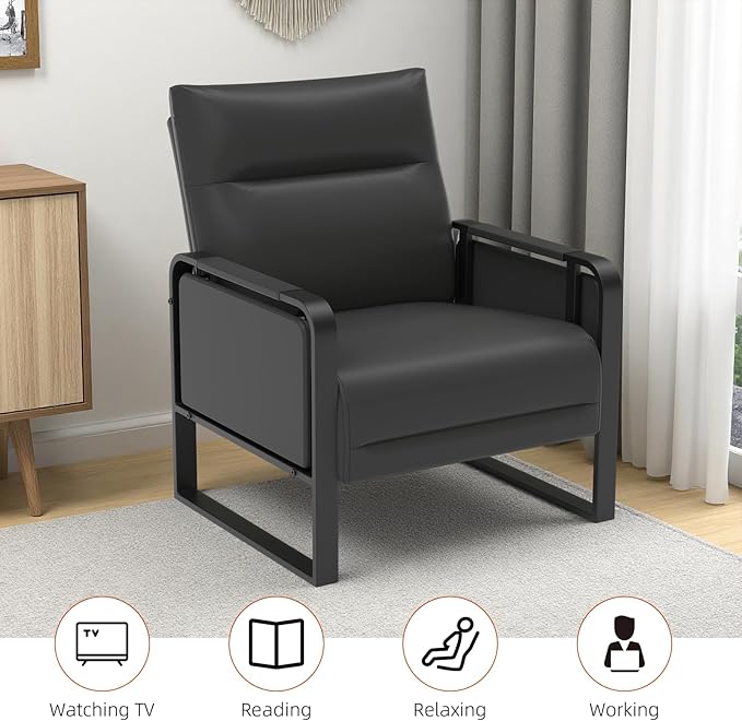 Upholstered Accent Sofa, Modern Faux Leather Sofa Chair with Foldable Side Tray Table & Storage Pocket, Small Accent Sofa for Living Room, Bedroom, Reception Room, Black