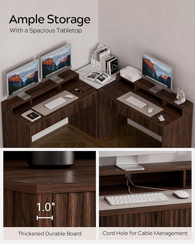 Fluted Executive Desk with Storage Shelf, 47" Modern Wood Home Office Desk with Long Monitor Stand & 2 Drawers, Writing Study Computer Table Vanity Desks, Brown