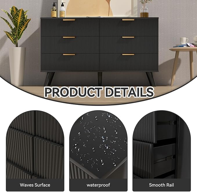 Black Fluted 6 Drawer Dresser for Bedroom, Chest of Drawers with Solid Wood Legs, Modern Dresser Chest Cabinet Organizer with Golden Handles, Beside Table for Closet, Hallway, Bedroom