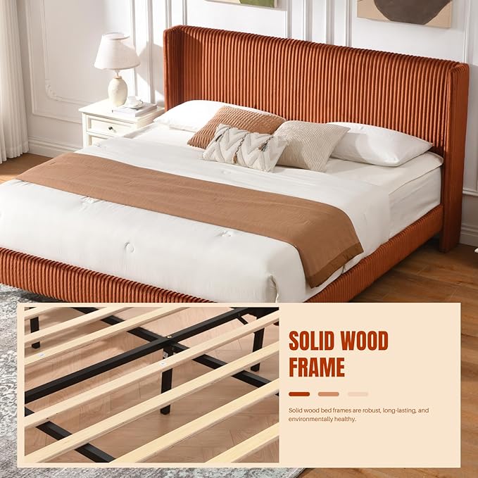 PINJU King Size Bed Frame, Upholstered Platform Bed with Modern Vertical Striped Wingback Headboard with Wooden Slats, Easy to Assemble No Noise Free (OCHER, King (U.S. Standard))