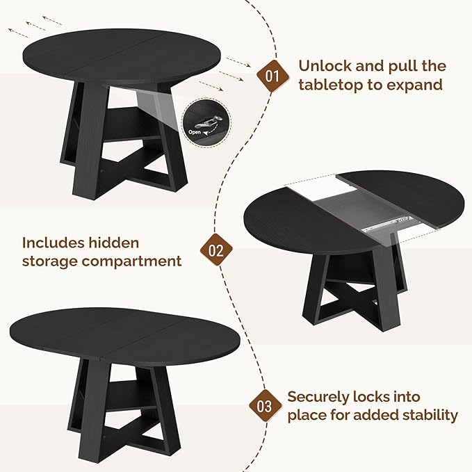 Aivermel 43.3‑59 in Extendable Oval Dining Table for 4‑6, Engineered Wood Round Dining Table with Hidden Extension Storage &Bottom Shelf, Space‑Saving Modern Kitchen Living Room Tables (Vintage Black)