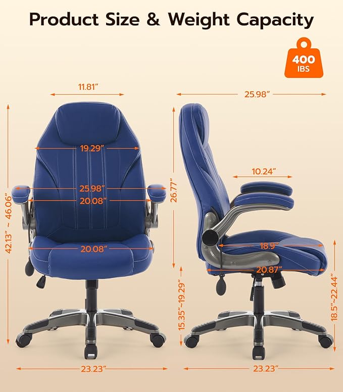 Office Desk Chair, Ergonomic Computer Chair with Padded Flip-Up Arms and Adjustable Lumbar Support, PU Leather Executive Chair with Tilt Lock and 360° Swivel Rolling Wheels for Work, Study