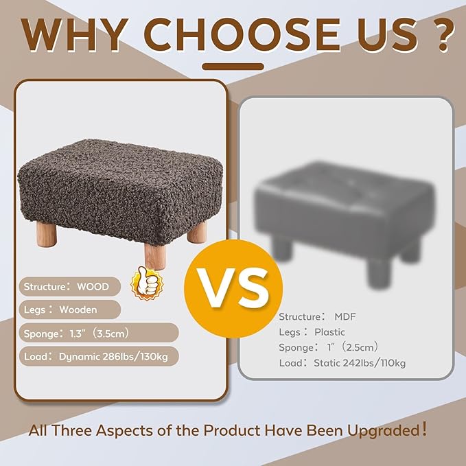 Small Foot Stool Ottoman, Sherpa Footstool Ottoman Foot Rest for Couch, Rectangle Footstools and Ottomans Small for Living Room, Entryway and Bedroom (Brown)