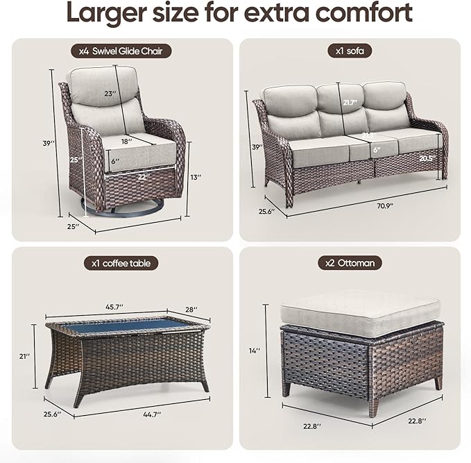 Swivel Patio Chairs Sofa Set of 8 with 6" Thick Cushion - Wicker Outdoor Swivel Rocker Patio Chair,Sofa/Glass Coffee Table, High Back Comfortable Outdoor Glider Chairs - Brown Wicker | Beige Cushions