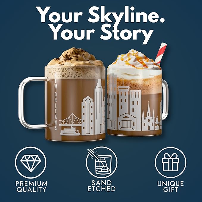 Greenline Goods – New Orleans, LA Skyline Glass Coffee Mugs (Set of 2), 15 oz – Etched Wrap Design