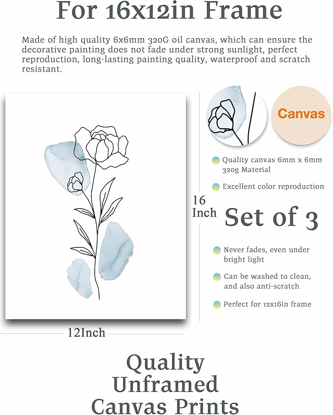 HesenDot Boho Art wall Décor,Botanical Print Set of 3, Blue Gallery Wall art,Abstract Line Watercolor Floral Home Decor,living room,bedroom