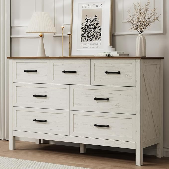 LYNSOM Farmhouse 7 Drawers Dresser for Bedroom, Wood Rustic Wide Chest of Drawers with Deep Drawers, Metal Handle, Storage Dressers Organizer for Entryway, Hallway, Antique White