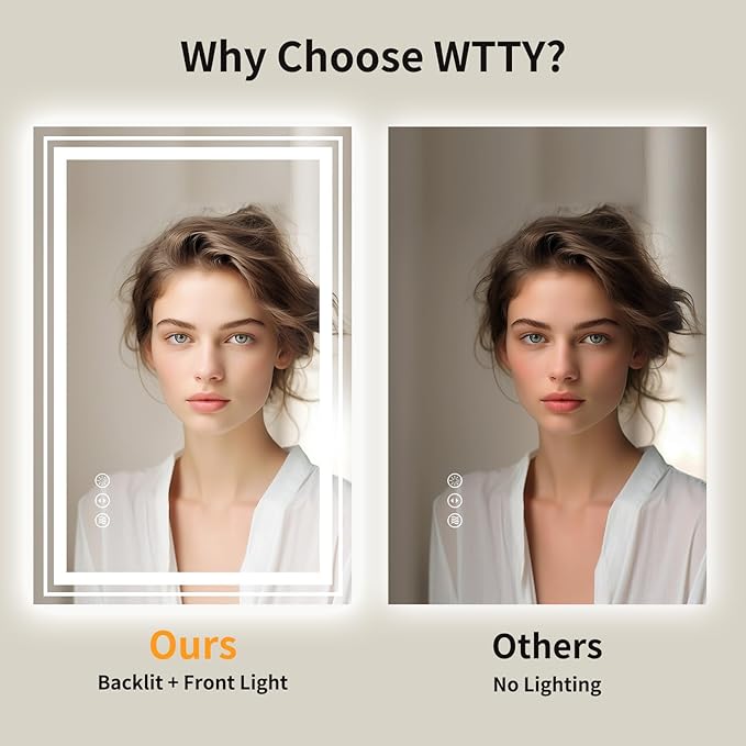 WTTY LED Bathroom Mirror with Backlit and Front Light,24"x36",Dimmable LED Mirror for Bathroom,Anti-Fog Lighted Bathroom Vanity Mirror Modern for Wall,Memory Function,Shatter-Proof