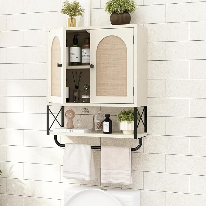 RUSTOWN Rattan Bathroom Wall Cabinet, Boho Over The Toilet Storage Cabinet with Arched Rattan Doors, Modern Medicine Cabinet with Adjustable Shelves & Towel Bar (Vintage White, Medium)