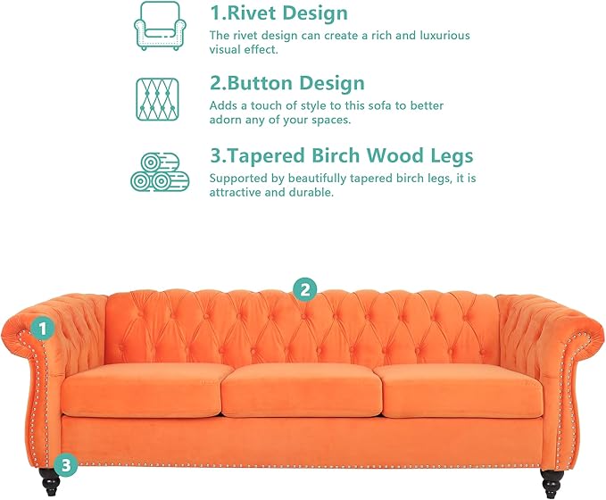 Home Sofa Living Room Furniture, 3 Seater 84" Velvet Upholstered Couch, Mid Century Modern Comfy Couch with Cushions, Classic Tufted Chesterfield Couches for Bedroom, Office, Apartment (Orange)