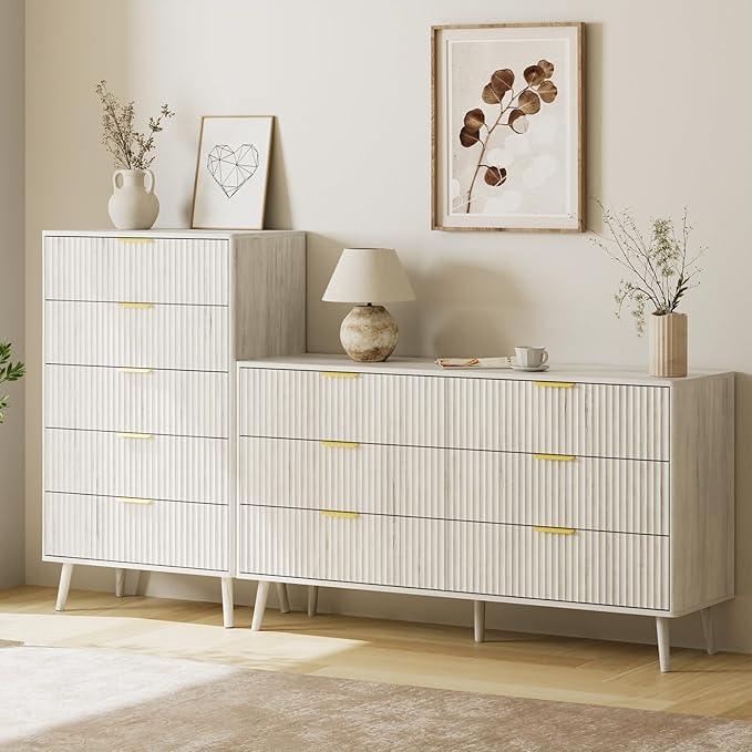 LYNSOM Fluted Dresser and Nightstand Sets 4 Piece, 2-Drawer Nightstands and 5/6 Drawers Dresser, Wood Bedroom Furniture Set for Home, Bedroom, Hallway, White