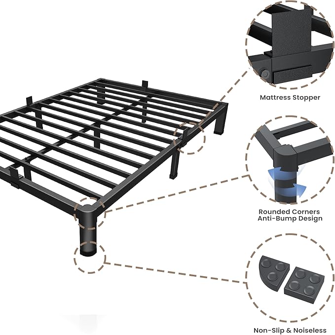 ROIL 4 inch Full Size Bed Frame with Round Corner Legs Mattress Retainers 3500LBS Heavy Duty Steel Slats No Box Spring Needed Platform Noise-Free Easy Assembly
