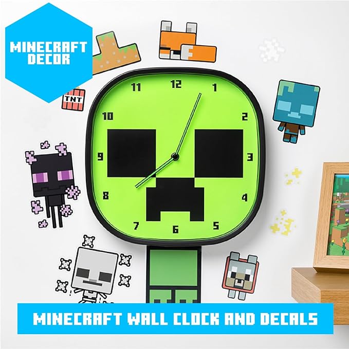 Minecraft Creeper Glow In the Dark Wall Clock - Officially Licensed Silent, Non-Ticking Clock - Includes 3 Sheets of Removable Minecraft Decals - Minecraft Room Decor for Boys | Paladone