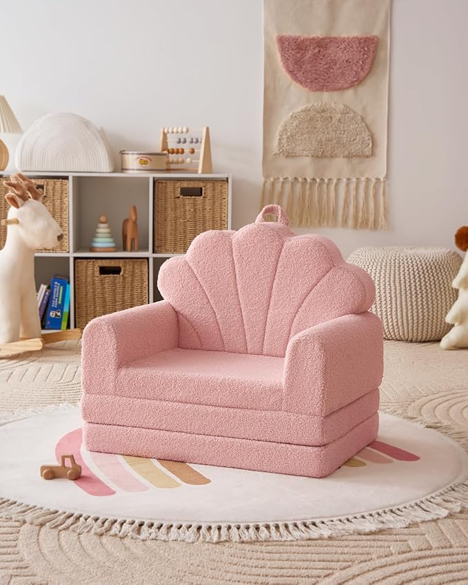 Blissful Diary Kids Couch, 2-in-1 Soft Toddler Couch Fold Out, Toddler Chair Comfy, Convertible Sofa to Lounger, Kids Furniture for Playroom, Gift for Birthday, Children's Day, Pink Shell