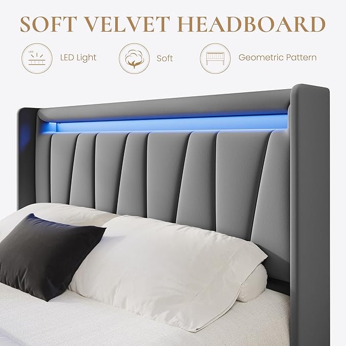 SHA CERLIN Queen Bed Frame with Charging Station and LED Lights, Modern Velvet Platform Bed with Upholstered Geometric Wingback Headboard, No Box Spring Needed, Easy Assembly, Grey