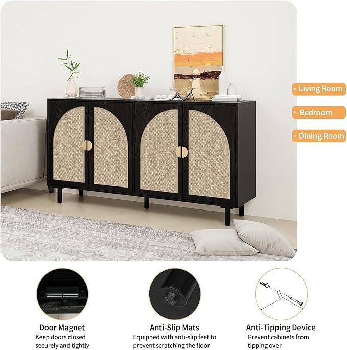Black 4-Door Rattan Buffet Cabinet-Sideboard Buffet Cabinet with Storage, Accent Sideboard Cabinets-Wood Credenza with Cane Door, Boho Style Console Table for Dining Room & Living Room