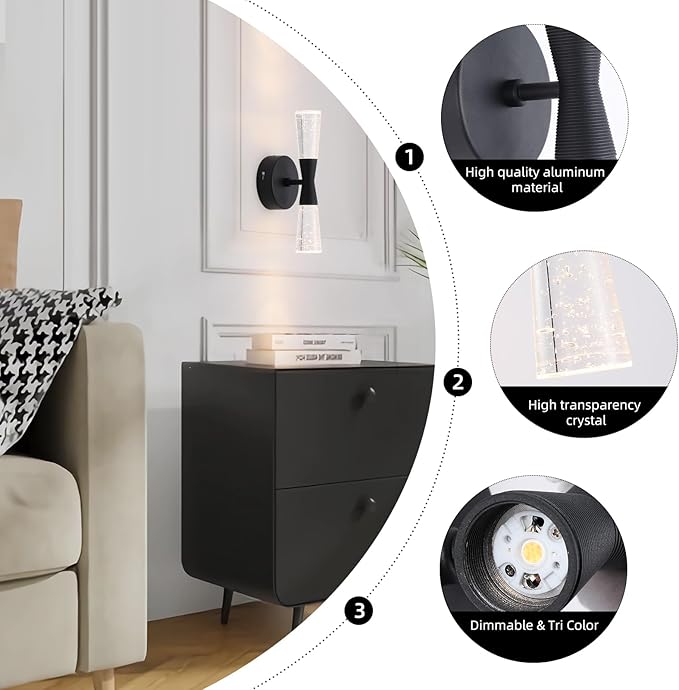 JoollySun Black Wall Sconce Crystal: Dimmable 3-Color (3000K-6000K) LED Bathroom Lighting for Hallway Bedroom Decorative