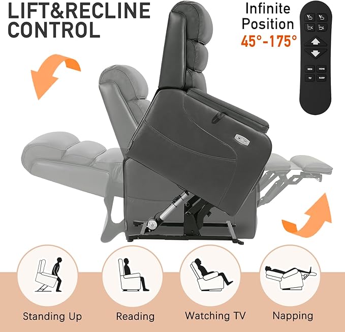 EONIX Wide Lay Flat Power Lift Recliner Chair for Elderly, Heavy Duty Oversized Breathable Faux Leather Lift Chairs Recliner Sofa with Heat and Massage and Charging Ports, Grey