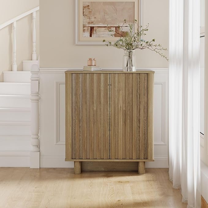 Sideboard Buffet Cabinet with Storage, Natural Freestanding Floor Cabinet Farmhouse Sideboard with 2 Fluted Doors Wooden Hallway Cabinet Media Console Table Credenza for Living Room Dining Room, 2PCS
