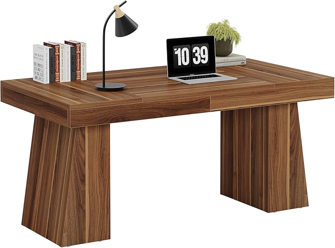 Tribesigns 55" Executive Desk, Wooden Office Desk with Double Pedestal, Modern Simple Computer Writing Table for Home Office, Medium Brown