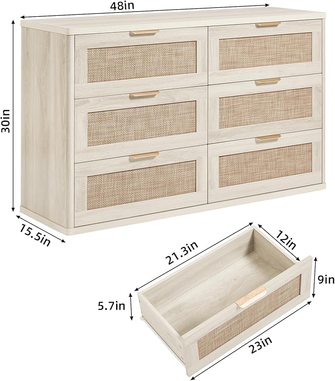 LEYAOYAO Rattan 6 Drawer Dresser for Bedroom, Boho 48" Wide White Dresser Chest of Drawers, Dressers TV Stand with Metal Handle, Storage Dressers Closet Organizer for Living Room, Hallway