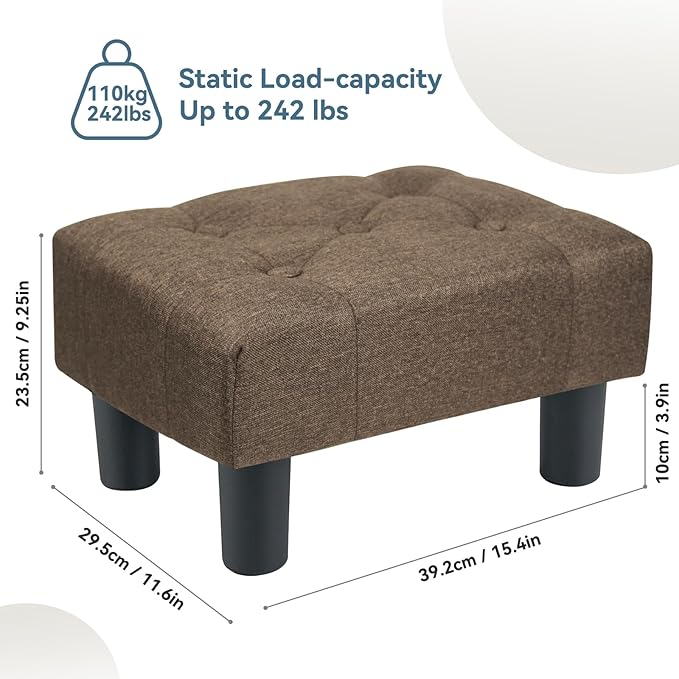 Poofzy Small Foot Stool Ottoman, Linen Ottoman Foot Rest with Legs, Rectangle Foot Rest for Couch, Footstools and Ottomans Small for Living Room and Entryway (Brown)
