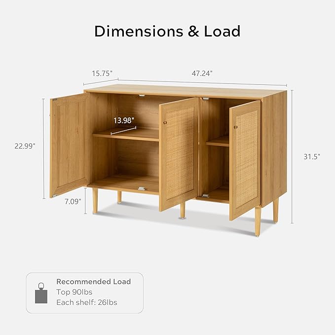 Rattan Storage Cabinet with 3 Doors, Boho Sideboard Buffet Cabinet Solid Wood Farmhouse Credenza Cabinet with Adjustable Shelves for Living Room Kitchen Entryway Hallway, Natural Oak