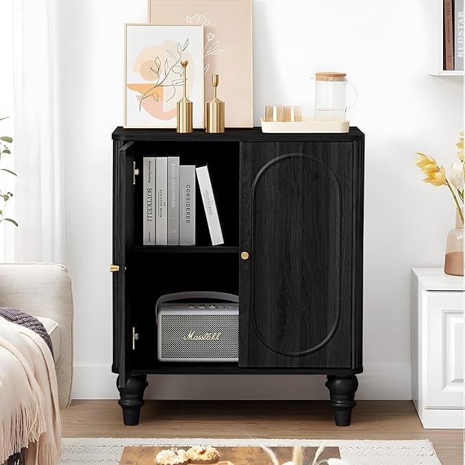 ORRD Fluted Storage Cabinet, Modern Credenza Wooden Accent Sideboard Buffet Cabinet with Adjustable Shelves and Solid Wood Legs, Console Table for Kitchen Dining Living Room Entryway, Black