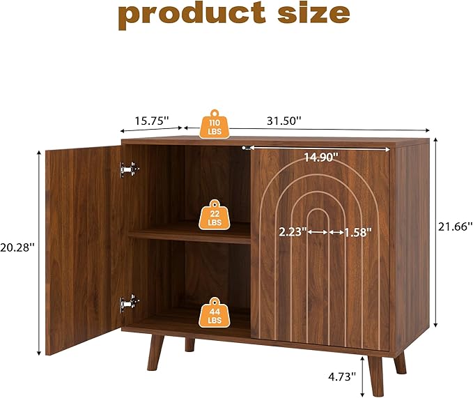 63" Sideboard Buffet Cabinet Set of 2, Modern Accent Cabinet with Carving Lines, Decorative Storage Cabinets for Bedroom Living Room Kitchen Office and Hallway (Walnut, 2)