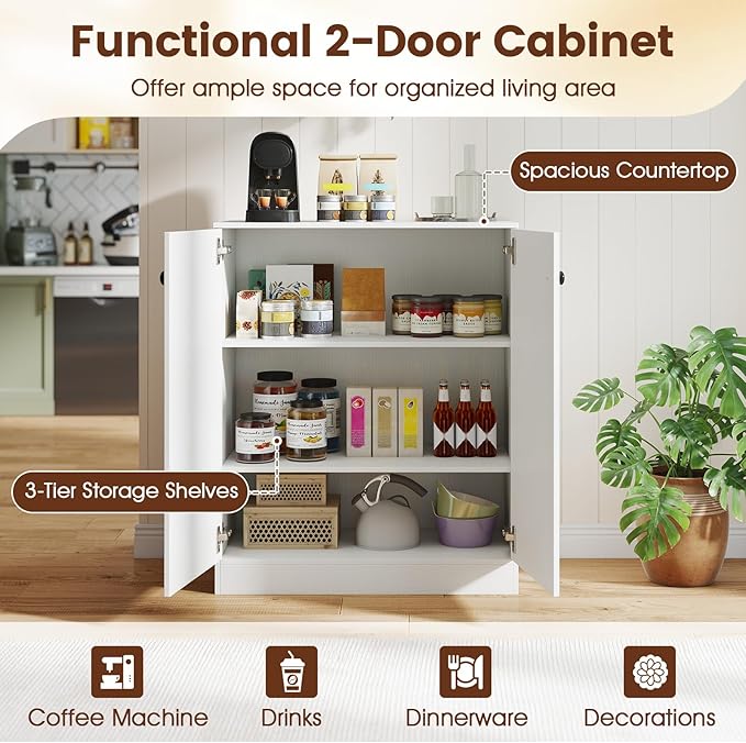 GOFLAME Floor Storage Cabinet with 2 Doors, Freestanding Accent Storage Cabinet Organizer with 3-Tier Inner Shelves, Modern Sideboard Buffet Cabinet for Kitchen, Living Room, Entryway, White
