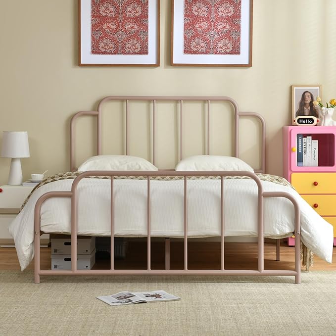 PINJU Metal Platform Bed Frame with Headboard and Footboard, Classic Style, Sturdy Metal Slats, No Box Spring Needed, Easy Installation (Pink, Queen)