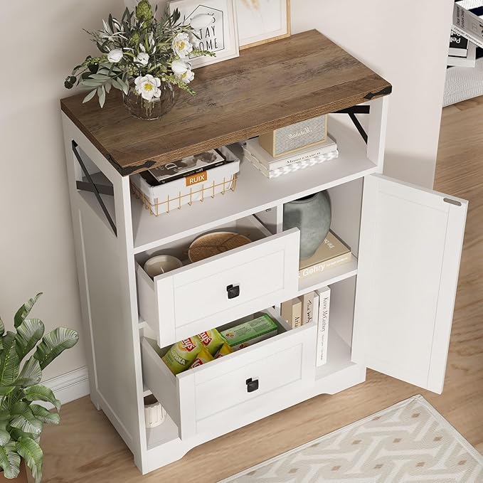Fameill White Farmhouse Storage Cabinet with 2 Drawers & Shelves,Freestanding Kitchen Cabinet with Doors,Floor Storage Organization for Living Room,Bathroom,Laundry