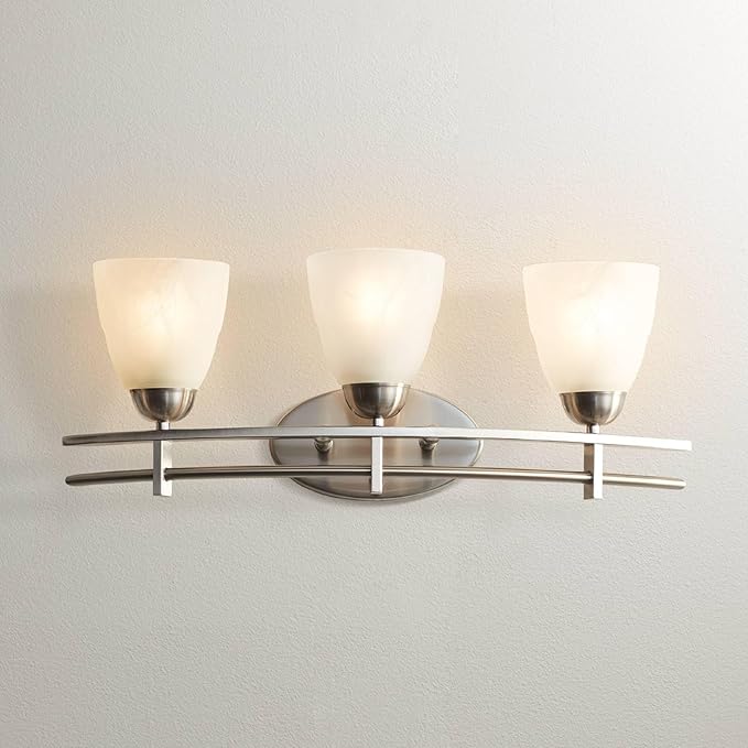 Possini Euro Design Art Deco Modern Wall Mount Light Brushed Nickel Silver Metal Hardwired 23 1/2" Wide 3-Light Fixture Trio Marbleized Glass Shades Decor for Bathroom Vanity Mirror House Home