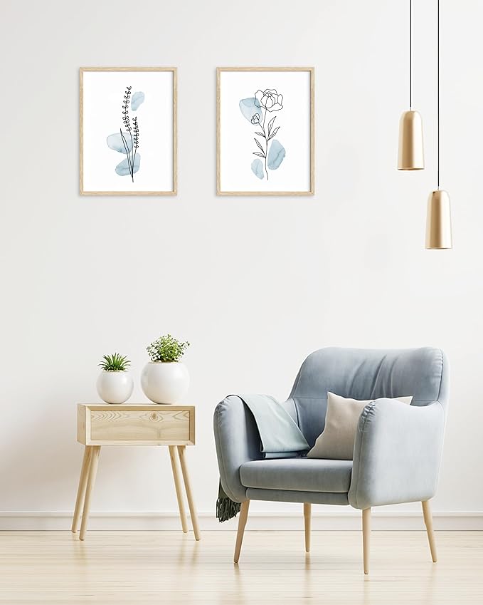 HesenDot Boho Art wall Décor,Botanical Print Set of 3, Blue Gallery Wall art,Abstract Line Watercolor Floral Home Decor,living room,bedroom