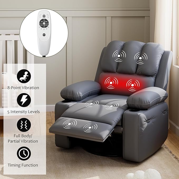 27" Oversized Power Recliner Chair, Faux Leather Rocking Chair with Heat & Massage, 360° Swivel Modern Electric Recliner with Cup Holder ＆ USB Charging for Living Room, Bedroom, Nursery - Grey