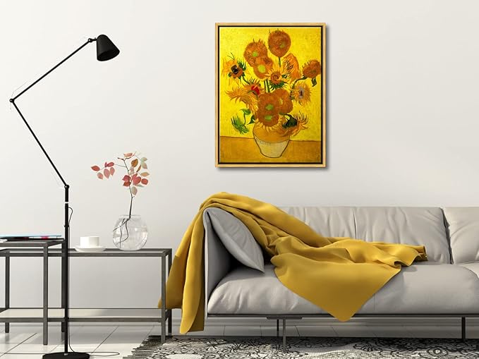Wieco Art Framed Wall Art of Vase with Fifteen Sunflowers by Vincent Van Gogh Paintings Reproduction Abstract Canvas Prints for Home Living Room Decorations Bronze Gold Frame