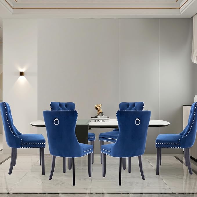 Velvet Upholstered Dining Chairs Set of 6, Modern Style Kitchen Side Chairs with Nailhead Trim and Wood Legs,Metal Pulling Ring for Dining Room Living Room(Blue,Set of 6)