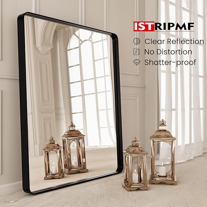 22x30 Inch Black Bathroom Mirror,Rectangle Wall Mirror for Bathroom,Round Corner Matte Black Metal Framed Mirror(Horizontal/Vertical)