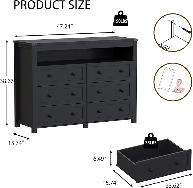 Dresser for Bedroom with 6 Drawers, Wide Chest of Drawers with LED Light and Power Outlet, Wooden Closet Organizer Clothes Storage Cabinet, Modern Double Dressers for Living Room, Hallway, Black