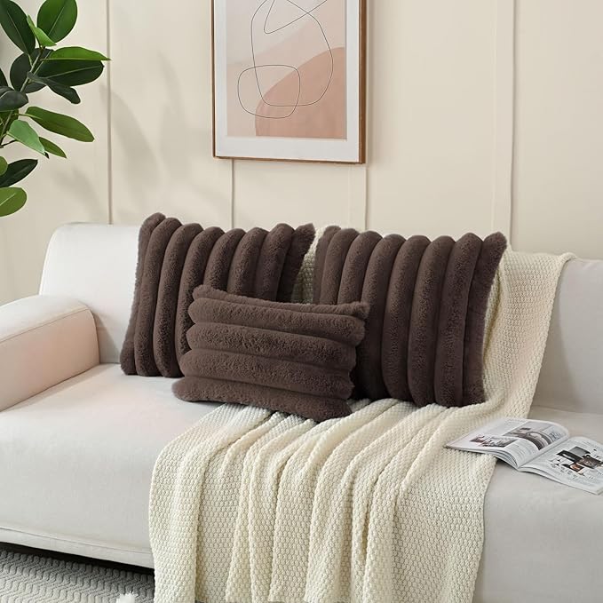 FUTEI Dark Coffee Decorative Throw Pillow Covers 18x18 Inch Set of 2, Square Soft Faux Rabbit Fur Big Striped Cushion Cover,Home Decor for Couch Sofa Bed Living Room