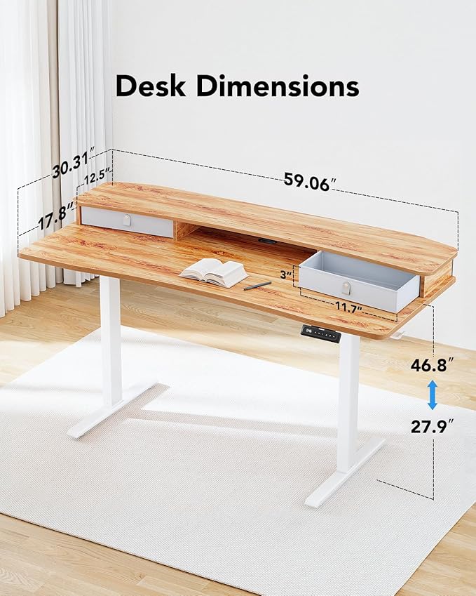 HUANUO 60″ x 30″ Electric Standing Desk with 2 Drawers, C-Clamp Mount Compatible, Height Adjustable, Home Office Stand Up Computer Desk with 4 Preset Heights & 2 Hooks, Light Vintage