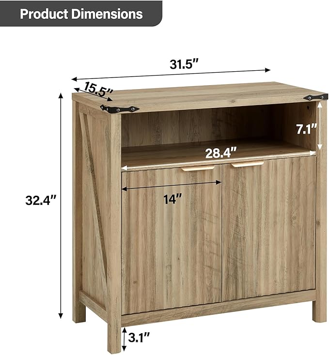 Buffet Cabinet with Storage - Modern Farmhouse Rustic 32 Fluted Sideboard Storage Cabinet Buffet with Adjustable Shelves, Coffee Wine Bar Organizer for Dining Room (Sunwashed Ash Oak)
