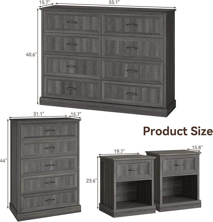 Farmhouse Dresser and Nightstand Sets, 4Pcs Bedroom Furniture Set, Nightstand Set of 2 & 55" Wide 8 Drawer and 44" Tall 5 Drawer Dresser with Large Drawers & Bar Handles, Grey