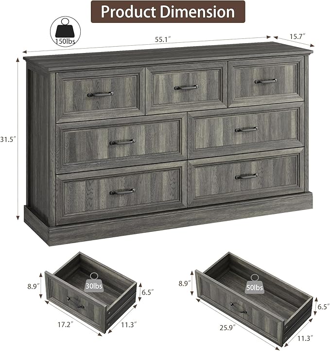 Farmhouse 7 Drawer Dresser for Bedroom, 55 Inch Wide Modern Grey Dresser TV Stand with Large Drawers & Bar Handles, Rustic Wood Chest of Drawers for Bedroom, Living Room