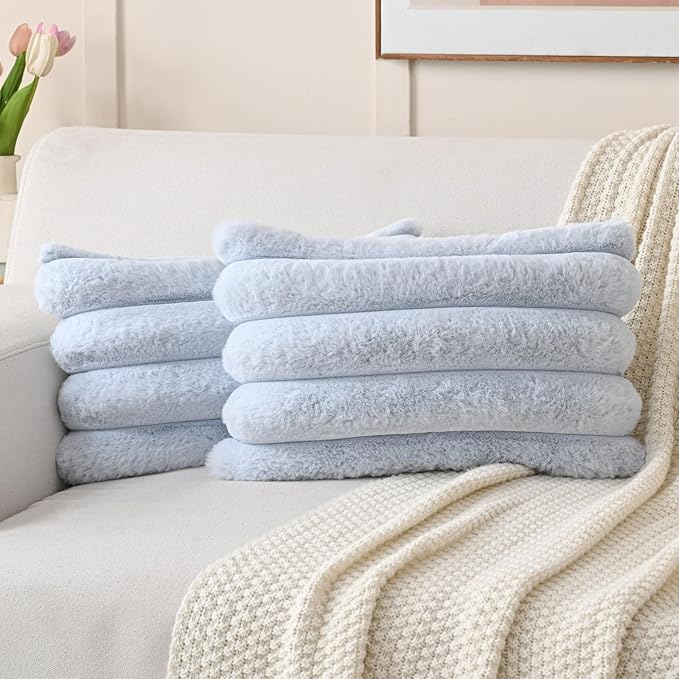 FUTEI Light Blue Decorative Throw Pillow Covers 12x20 Inch Set of 2, Square Soft Faux Rabbit Fur Thick Striped Lumbar Pillow Case,Winter Home Decor for Couch Bed Living Room