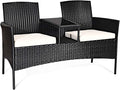 COSTWAY 2-Seat Patio Conversation Sets, Outdoor Patio Loveseat Set with Removable Cushions & Built-in Coffee Table for Backyard, Garden, Lawn, Balcony, Black+Beige