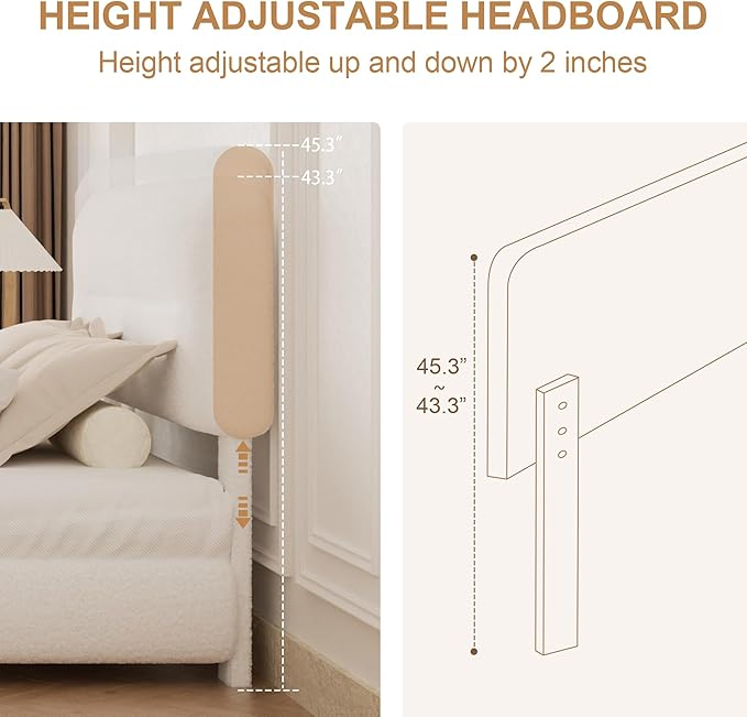 King Size Cloud Bed Frame, Upholstered Boucle Platform Bed with Adjustable Headboard, Anti-Collision Soft Rounded Corners, Noise Free, Easy Assembly, White