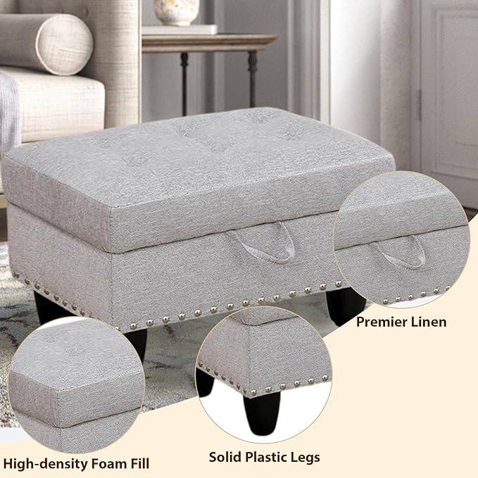 Linen Fabric Storage Ottoman with Nailhead Trim, 28.5"X19.5"X17.5" Footrest Stool, Hidden Storage Foot Stool for Living Room, Bedroom Furniture, Light Gray