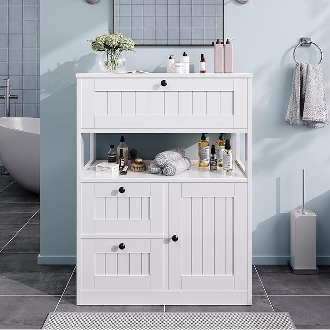 Bathroom Cabinet, Modern Bathroom Floor Storage Cabinet Organizer with 3 Drawers and Adjustable Shelves, Home Furniture for Multifunction in Living Room, Hallway, Kitchen, White